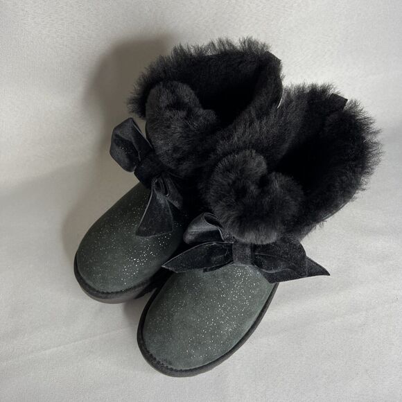 Women's Ugg Boots Sz 7 Black Gita Twinkle Bow Mini Bootie Satin Bow Glitter-like - Picture 13 of 16